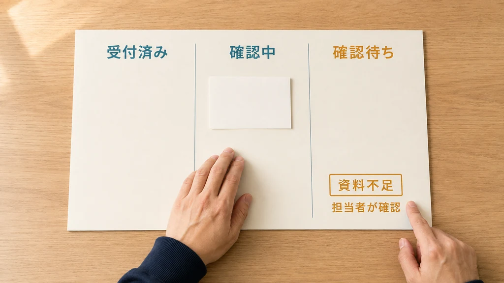 受付済み・確認中・確認待ちの列と、資料不足で担当者の確認へ戻す流れを示す架空の机上演習。